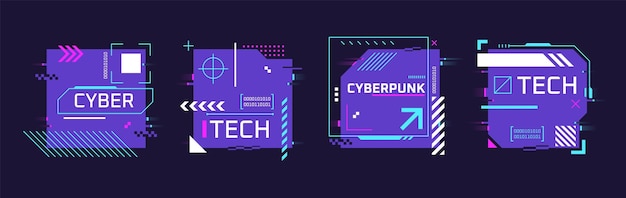 Glitch hud banners Glitchy poster techno art cyberpunk concept toekomst plaats tech notities eigentijds print abstract tekst scifi geometrisch frame glitch opzichtige vectorillustratie