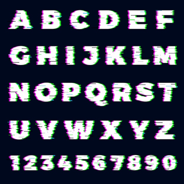 Glitch lettertype. destroyer alfabet letters dynamisch scherm effect gaming typografie lettertype vector sjabloon. glitch alfabet lettertype, lettertype abc digitale vernietigde illustratie