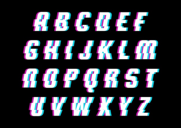 Glitch modern space technology alphabet set