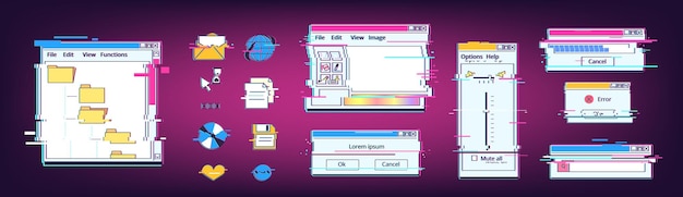 glitch retro interface system errors vintage desktop screens old computer window web browser command frame error website virus software y2k game ui classy vector illustration