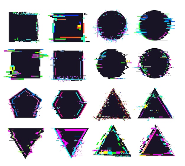 Glitch zwarte frames van verschillende vorm. Vervormd signaal, vierkante en ronde, driehoekige en veelhoekige figuren. Vernietigde geometrische vormen ingesteld met ruis voor logo geïsoleerde vectorillustratie