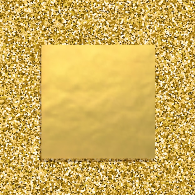 Vettore sfondo glitter dorato con striscione quadrato oro, polvere scintillante