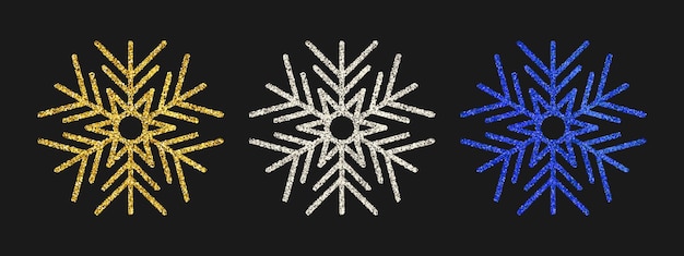 Glitter sneeuwvlokken op donkere achtergrond. Set van drie gouden, zilveren en blauwe glittersneeuwvlokken. Kerstmis en Nieuwjaar decoratie-elementen. Vector illustratie.