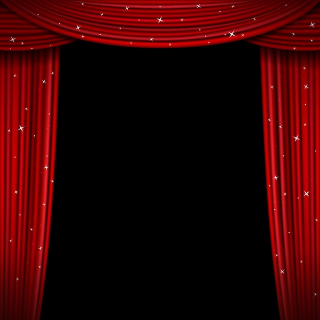 Vector glittering red curtain . open glitter curtains background. curtain for exhibition and theatre interior, premiere screen with curtains