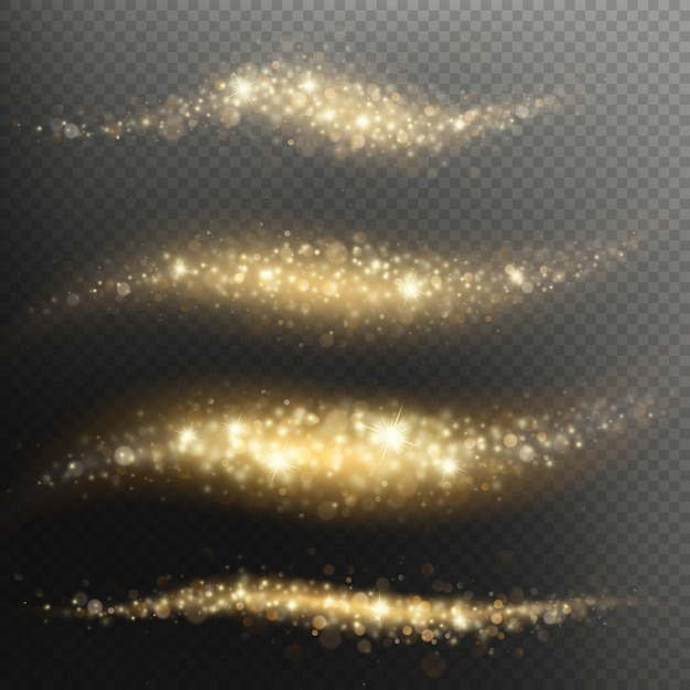 Сверкающие мерцающие частицы светлые следы к Рождеству или Новому году. Золотой блеск эффект конфетти волны наложения.