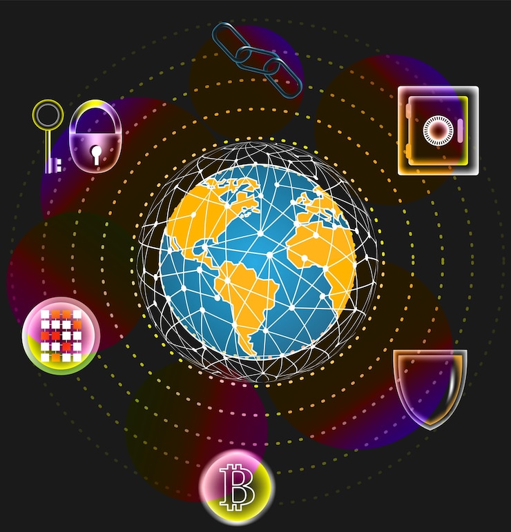 वेक्टर global bitcoin crypto currency block chain tech