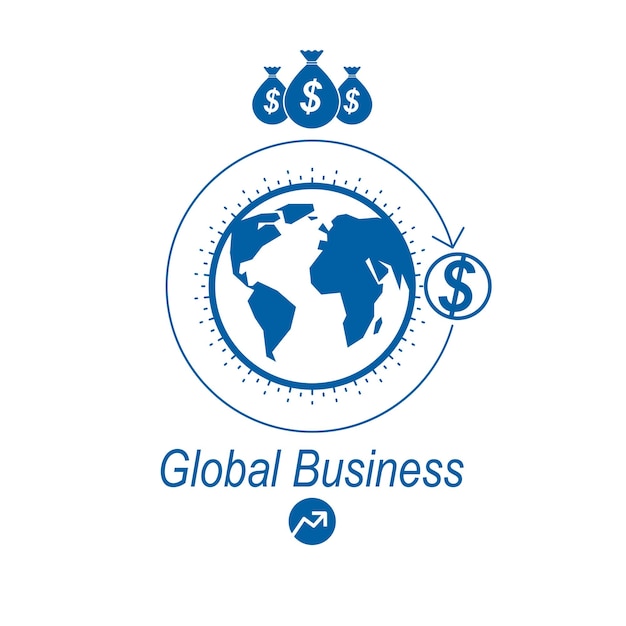 Global Business en E-Business creatief logo, uniek vectorsymbool gemaakt met verschillende elementen. Wereldwijd financieel systeem. Wereld economie.