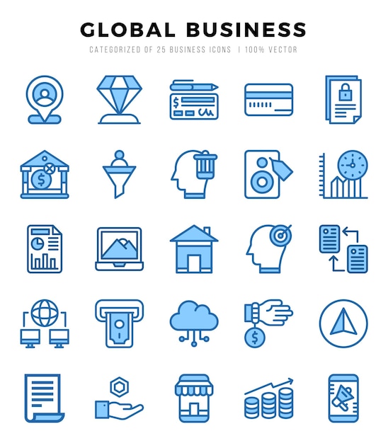 Global Business Icons bundle Two Color style Icons Vector illustration