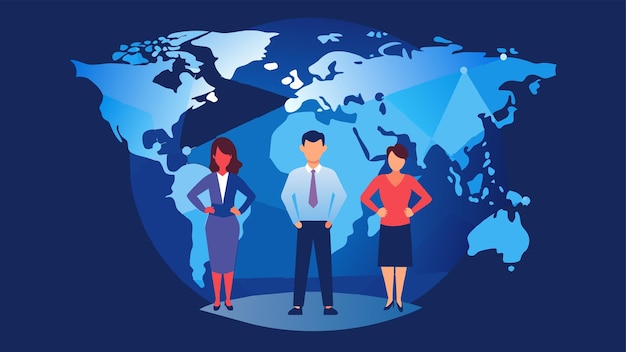 Global business team standing confidently over world map background