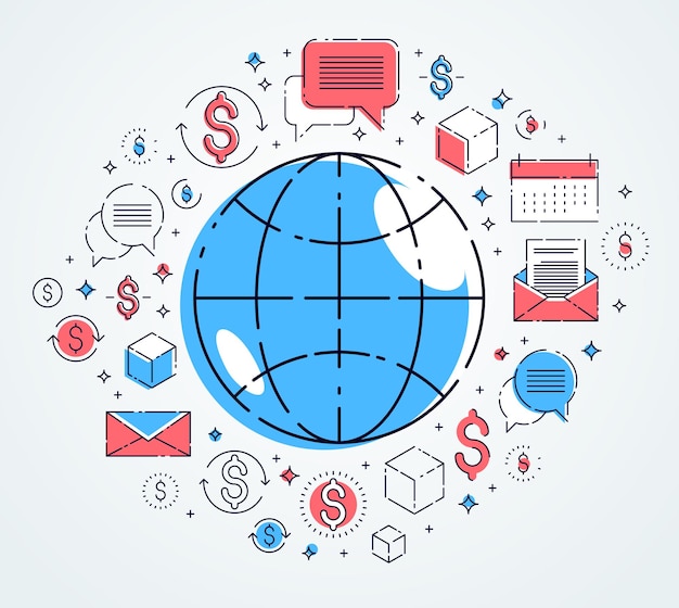 Global communication concept, planet earth with different icons set, big data, internet activity, global network connection, vector, elements can be used separately.