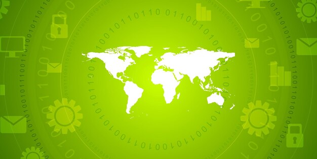 글로벌 통신 녹색 기술 추상 디자인 세계 지도 이진 코드 및 통신 아이콘이 있는 밝은 기술 벡터 배경