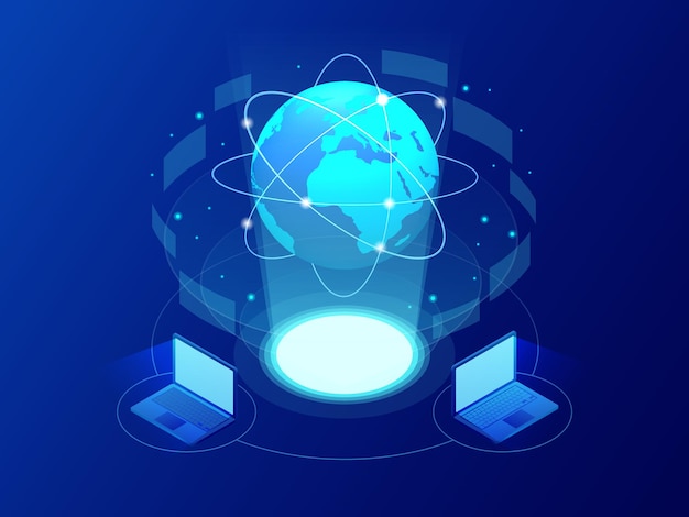 Global communication Internet network around the planet. Network and data exchange over planet. Connected satellites for finance, cryptocurrency or IoT technology.