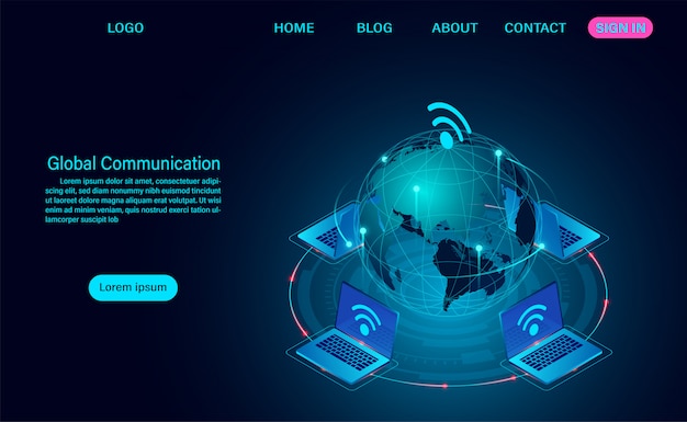 Global communication internet network around the planet web template