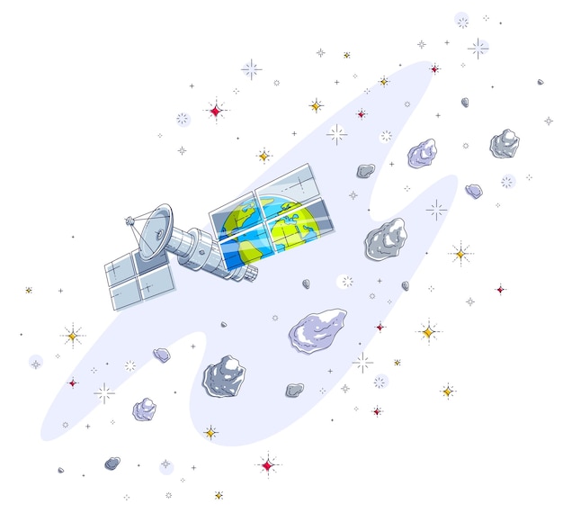 星空を飛行し、太陽電池パネルで地球を反射するグローバル通信技術衛星。細い線 3 d ベクトル イラスト白で隔離。