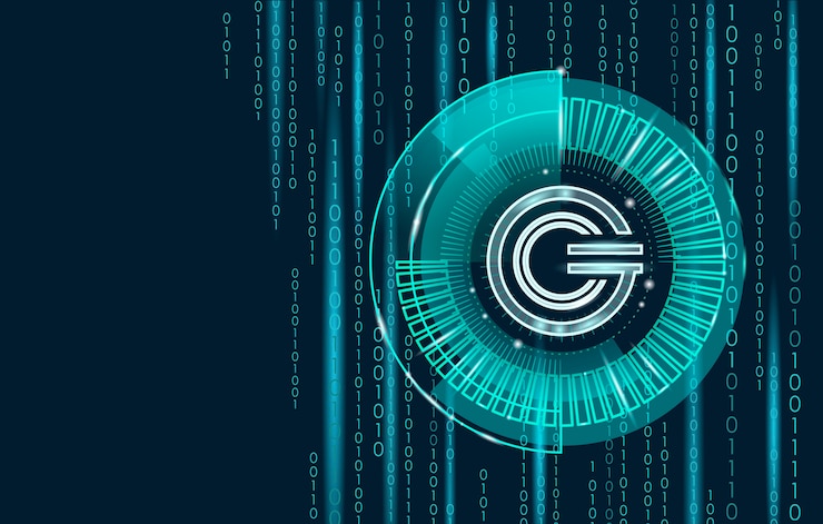 Vector global cryptocurrency gcc coin geometric glowing symbol