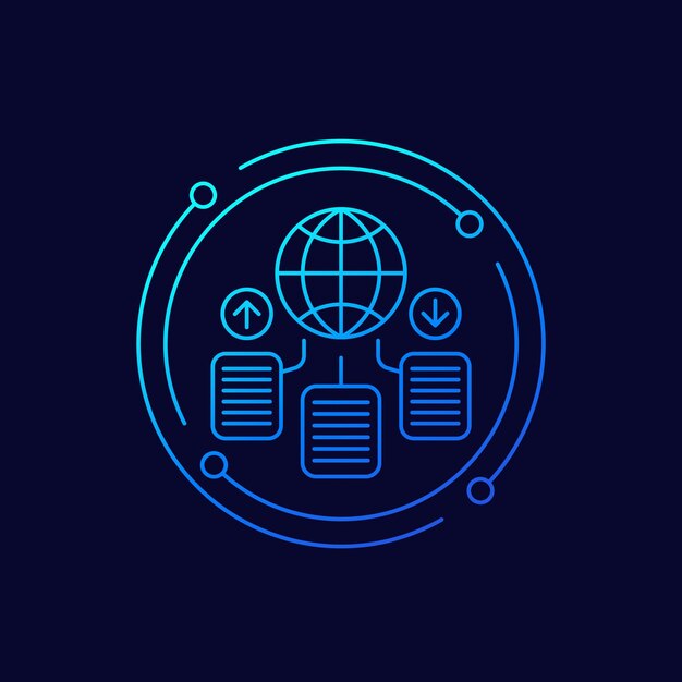 Global data exchange icon with documents linear design