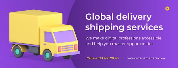 Vector global delivery van truck cargo shipping service transportation social media banner 3d icon vector