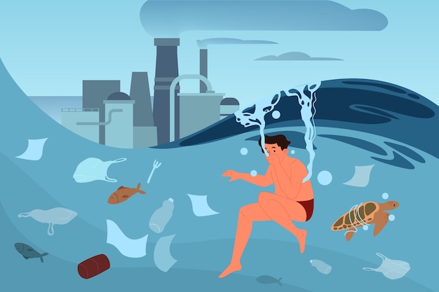 ベクトル 地球環境問題のイラスト。環境汚染、生態学的災害、危機に瀕している地球。空気と水の産業汚染。