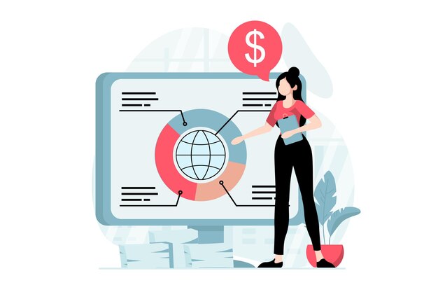 Global economic concept with people scene in flat design Woman analyzing financial and market trends invests money in international companies Vector illustration with character situation for web