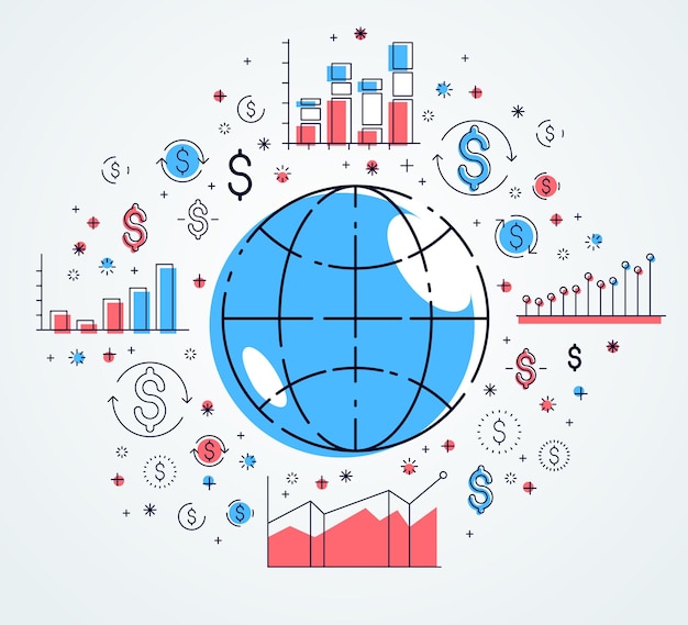 Global economy concept, planet earth with dollar icons set, international business, currency exchange, internet global network connection, vector, elements can be used separately.