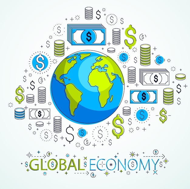 Concetto di economia globale, pianeta terra con set di icone del dollaro, affari internazionali, cambio valuta, connessione di rete globale internet, vettore, elementi possono essere utilizzati separatamente.