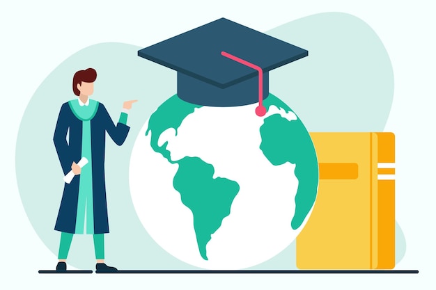 Concetto di educazione globale illustrazione vettoriale in stile design piatto tappo graduato sul globo