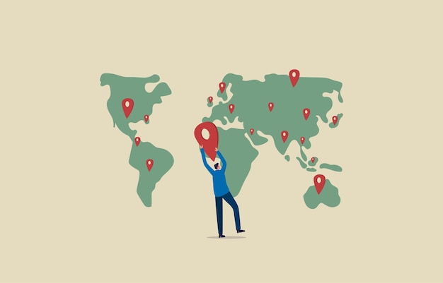 Global expansion strategy Grow business in a global Businessman putting pin new branch on global world map Illustration