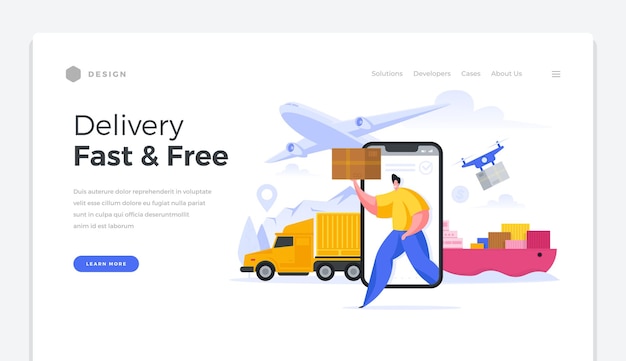 Global fast and free shipping home page template. High quality online logistics delivery goods around world. High speed international distribution goods shipment customer post offices vector banner.