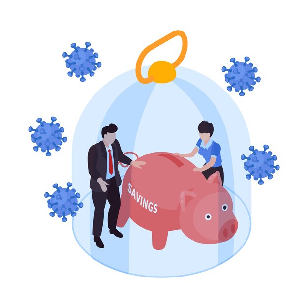 global financial crisis isometric illustration with coronavirus bacteria people and their savings under glass dome