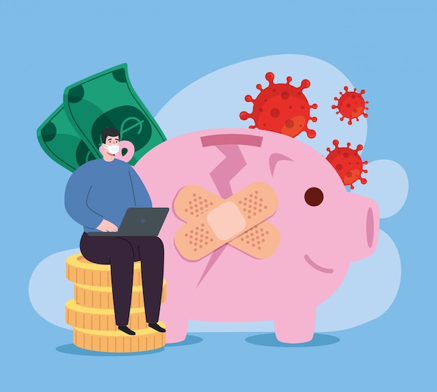 global financial recovery of market after covid 19, man with piggy bank and icons