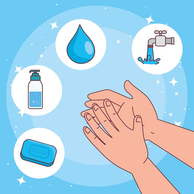 世界的な手洗いの日とアイコンセットのデザインの手、衛生洗浄の健康と清潔
