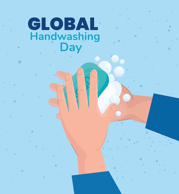 Vector global handswashing day hands with soap bar design, hygiene wash health and clean