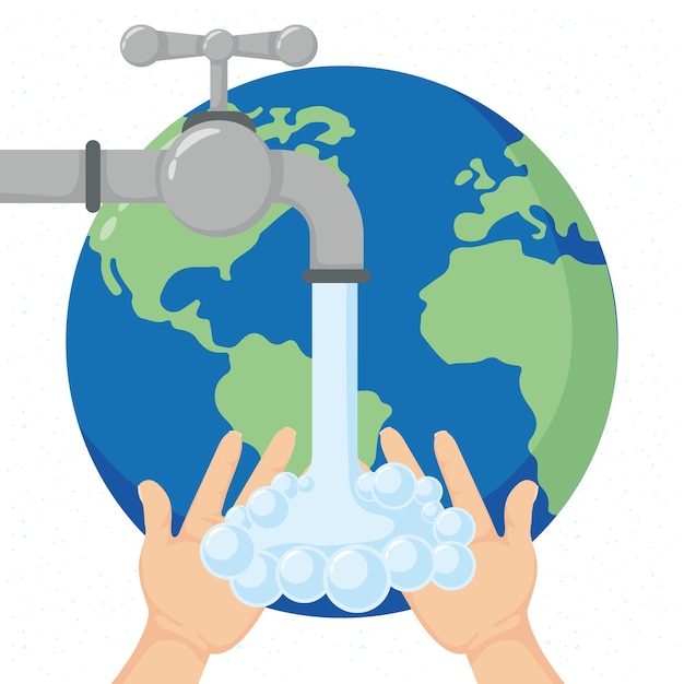 Global handwashing day campaign with earth planet and tap illustration design