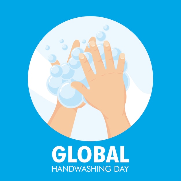 Vettore campagna globale del giorno del lavaggio delle mani con scritte e schiuma in cornice circolare.