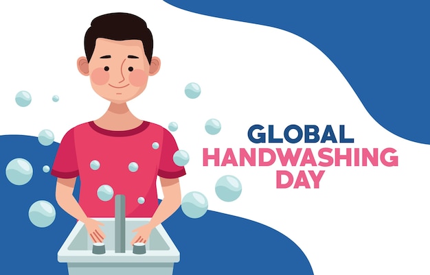 Global handwashing day campaign with man washing hands in bathroom