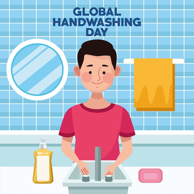 Global handwashing day campaign with man washing hands in bathroom