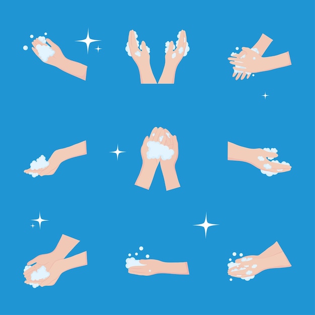 Global handwashing day, collection icons hands washing bubbles  illustration