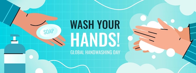 Global handwashing day horizontal banner. Person washes hands with a foam dispenser to prevent infection. The hand holds out the soap.