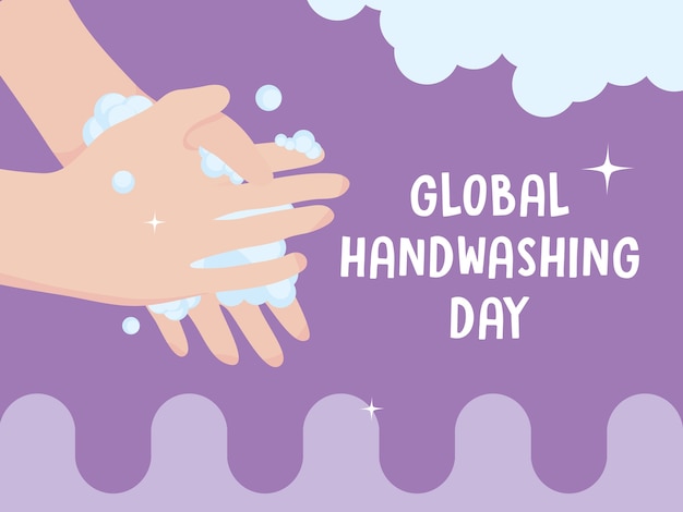 世界手洗いの日、泡紫の背景イラストで手を洗う