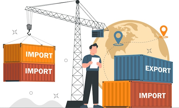 global import export logistics container shipping concept with crane and world map vector illustration