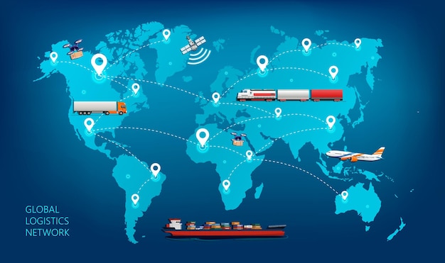 グローバルな国際物流ネットワーク世界地図上の国際貨物交通の概念鉄道船道路と航空貨物ベクトル図