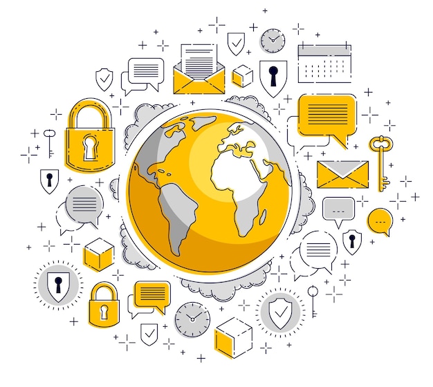 Global internet connection concept, planet earth with different icons set, big data, internet activity, global communication, vector, elements can be used separately.