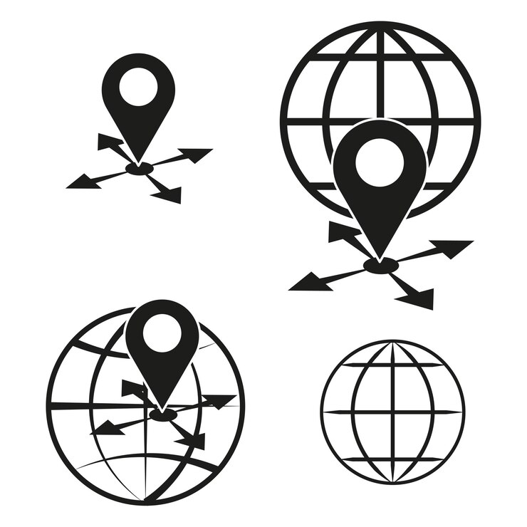 Vector global location icons pin with arrows globe symbol black and white vector