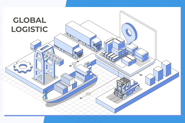 Global logistic service modern isometric line 