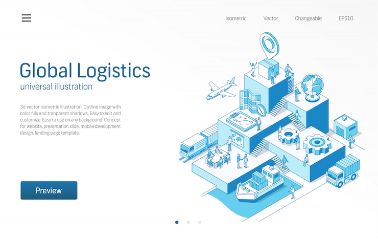 Vector global logistics. business people teamwork. import or export modern isometric line illustration. transport, shipping, delivery, distribution