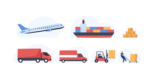 Global logistics delivery cargo export and import car airplane ship forklift and truck international delivery illustration