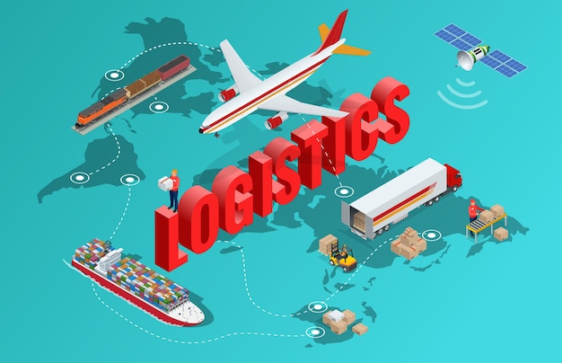 Global logistics network flat 3d isometric vector illustration\
set of air cargo trucking rail transportation maritime shipping\
on-time delivery vehicles designed to carry large numbers of china\
cargo.