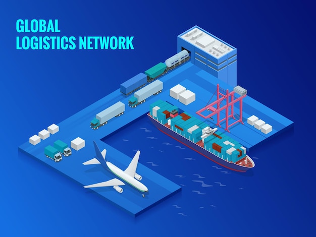 Global logistics network flat isometric vector illustration. concept of air cargo trucking rail transportation maritime shipping on-time delivery vehicles designed to carry large numbers.