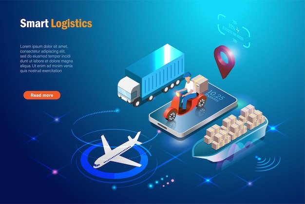 글로벌 물류 온라인 배송 및 스마트 공급망 배송 시스템 스마트폰에 배달원