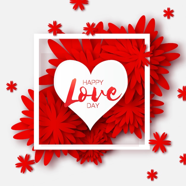 Global love romantische vakantie. happy valentijnsdag wenskaart. papier gesneden rode bloem en hart frame